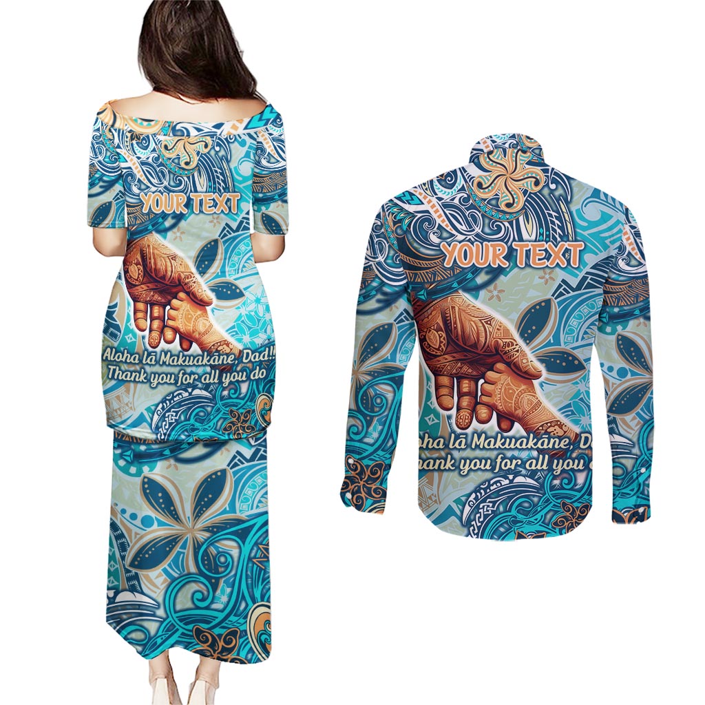 Hand In Hand Father's Day Polynesian Couples Matching Puletasi and Long Sleeve Button Shirt Tribal Flower Pattern