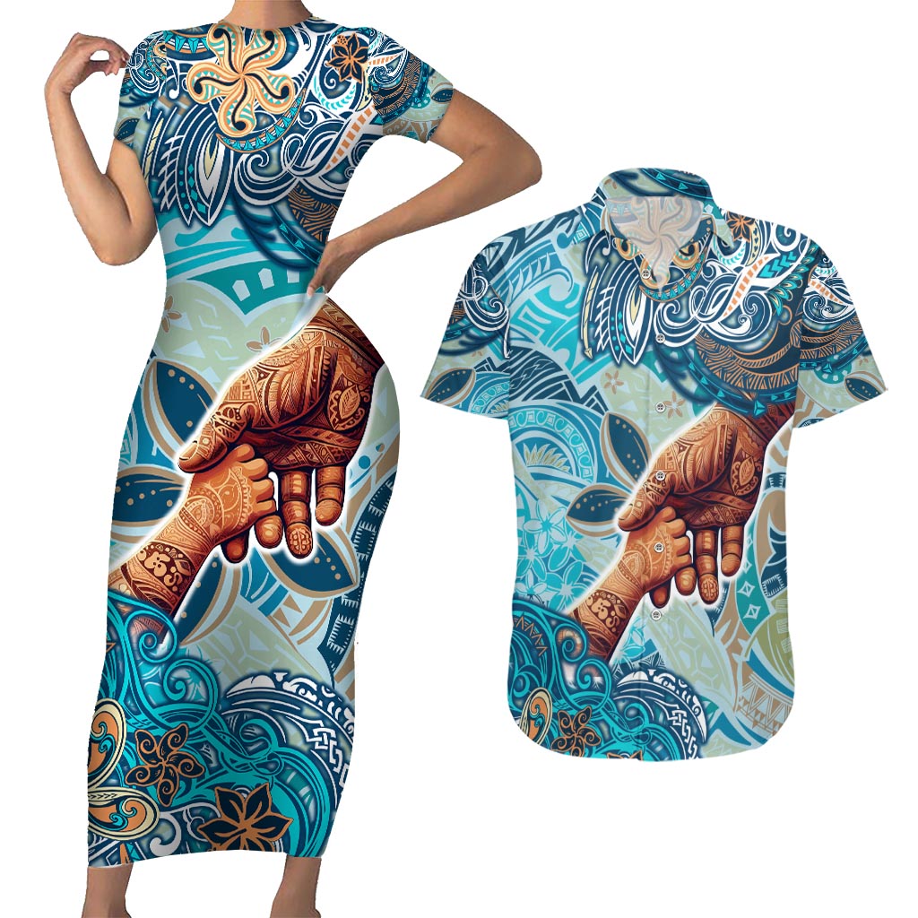 Hand In Hand Father's Day Polynesian Couples Matching Short Sleeve Bodycon Dress and Hawaiian Shirt Tribal Flower Pattern