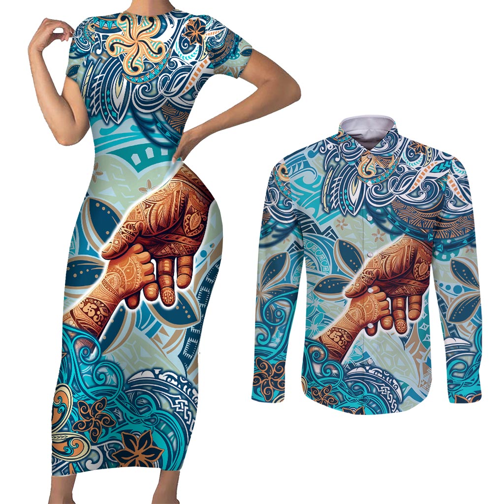 Hand In Hand Father's Day Polynesian Couples Matching Short Sleeve Bodycon Dress and Long Sleeve Button Shirt Tribal Flower Pattern