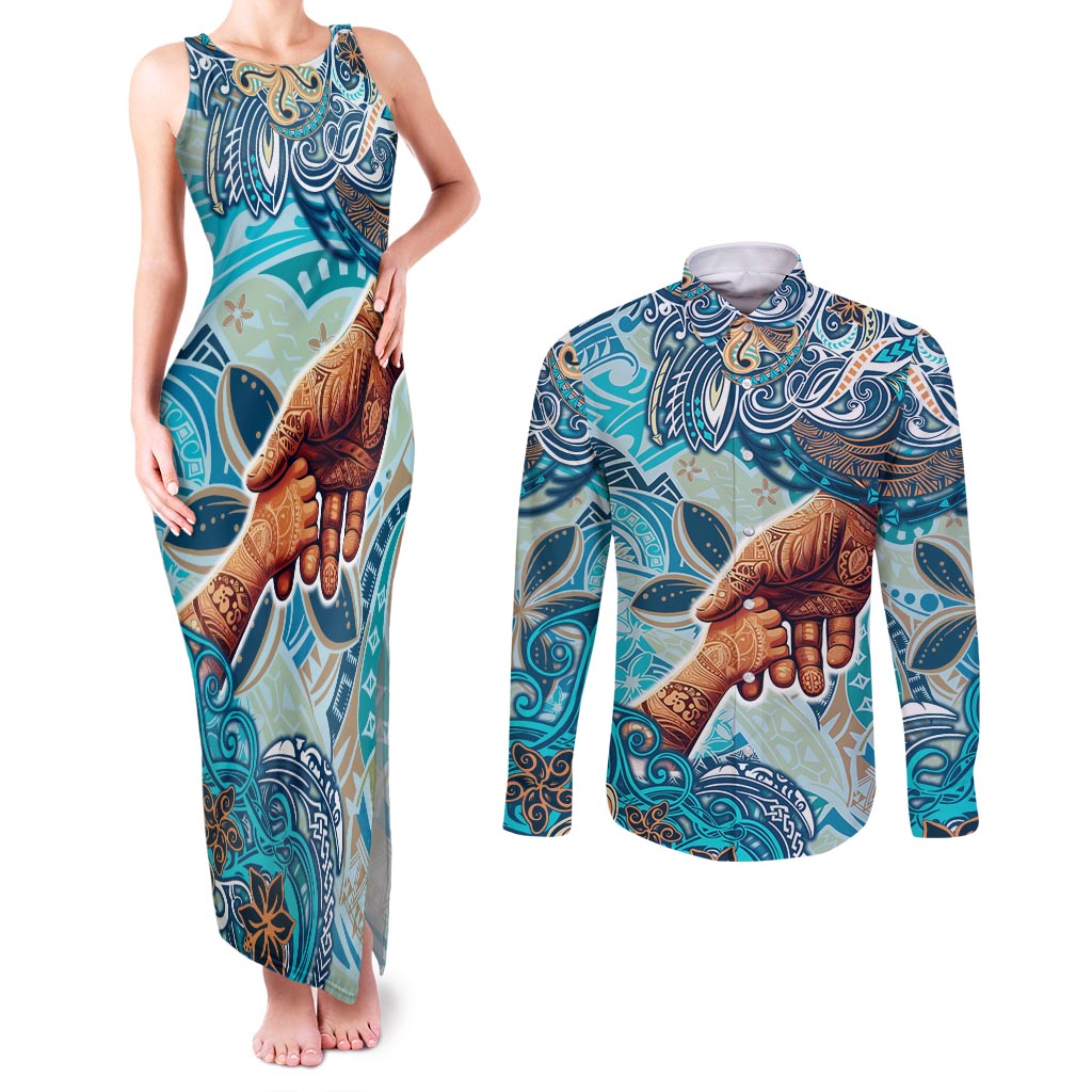 Hand In Hand Father's Day Polynesian Couples Matching Tank Maxi Dress and Long Sleeve Button Shirt Tribal Flower Pattern