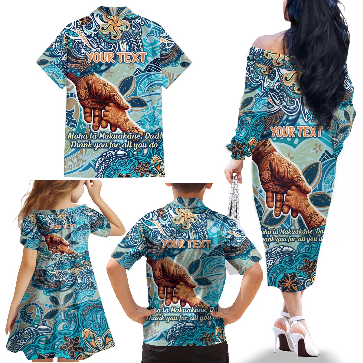 Hand In Hand Father's Day Polynesian Family Matching Off The Shoulder Long Sleeve Dress and Hawaiian Shirt Tribal Flower Pattern