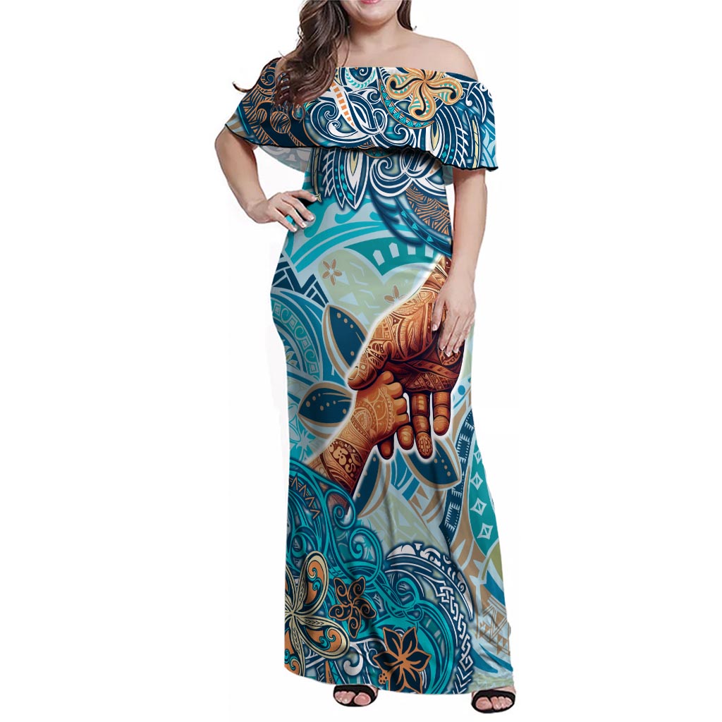 Hand In Hand Father's Day Polynesian Family Matching Off Shoulder Maxi Dress and Hawaiian Shirt Tribal Flower Pattern