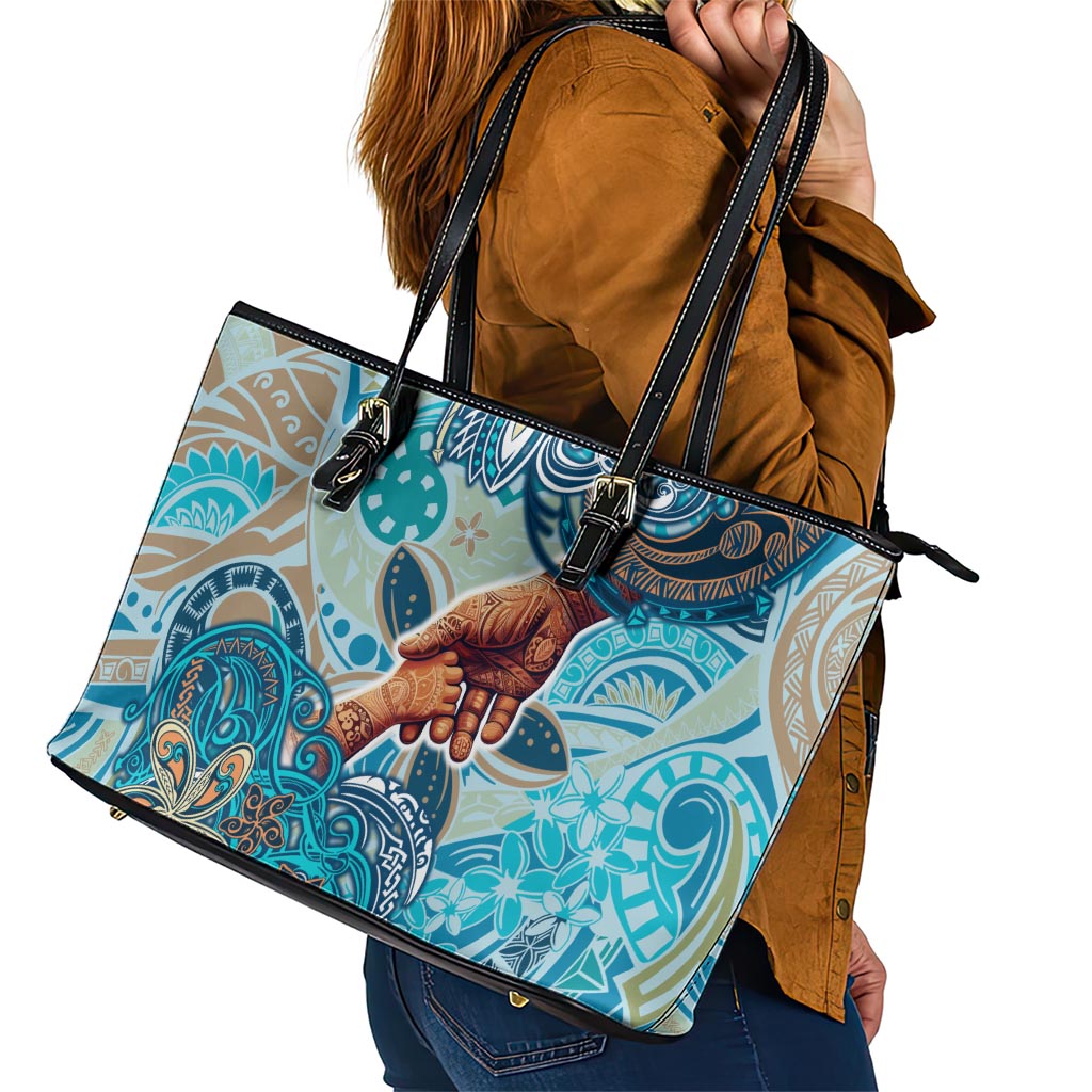 Hand In Hand Father's Day Polynesian Leather Tote Bag Tribal Flower Pattern