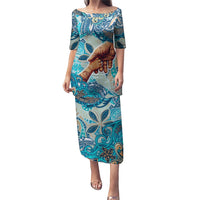 Hand In Hand Father's Day Polynesian Puletasi Tribal Flower Pattern DT02 Long Dress Blue - Polynesian Pride