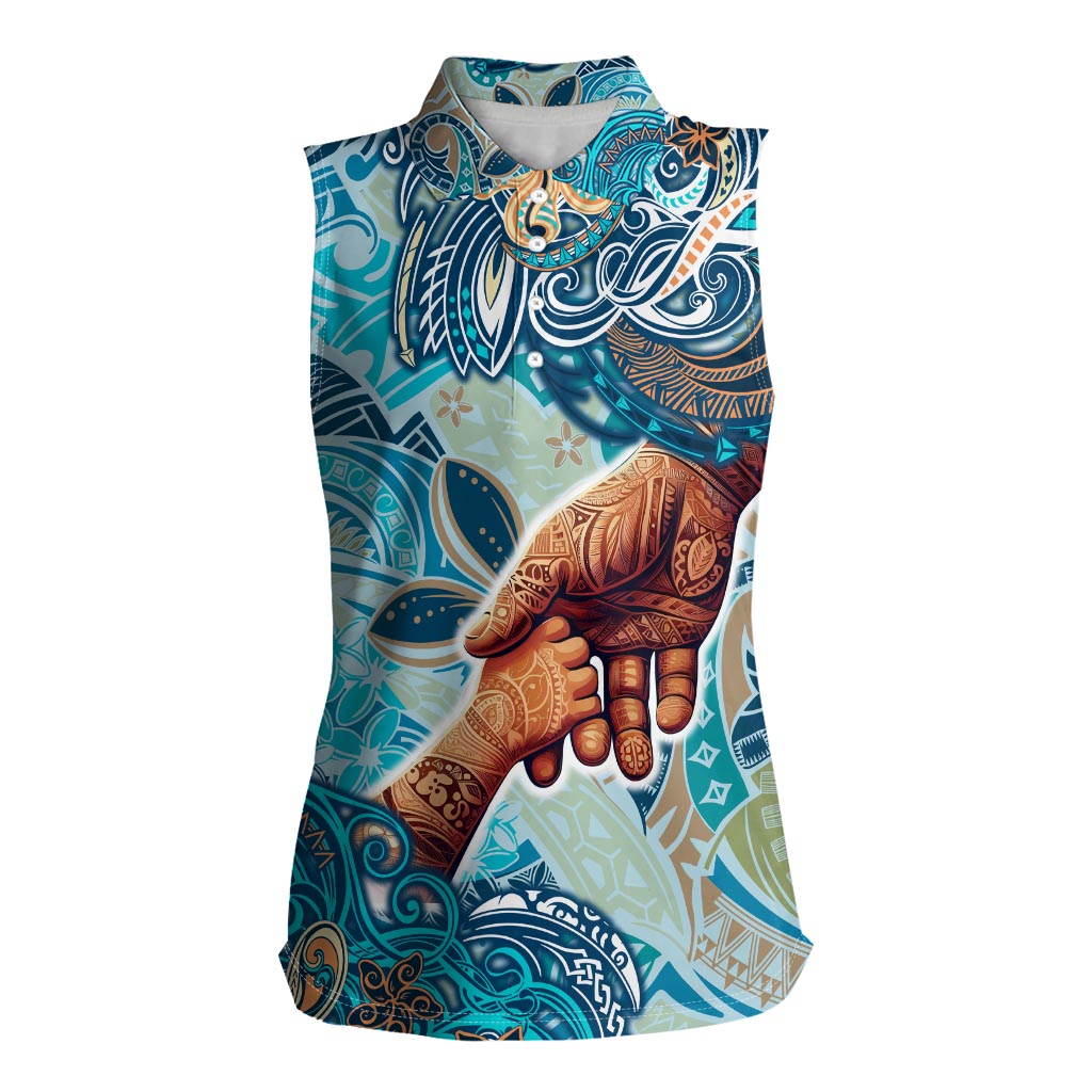 Hand In Hand Father's Day Polynesian Women Sleeveless Polo Shirt Tribal Flower Pattern