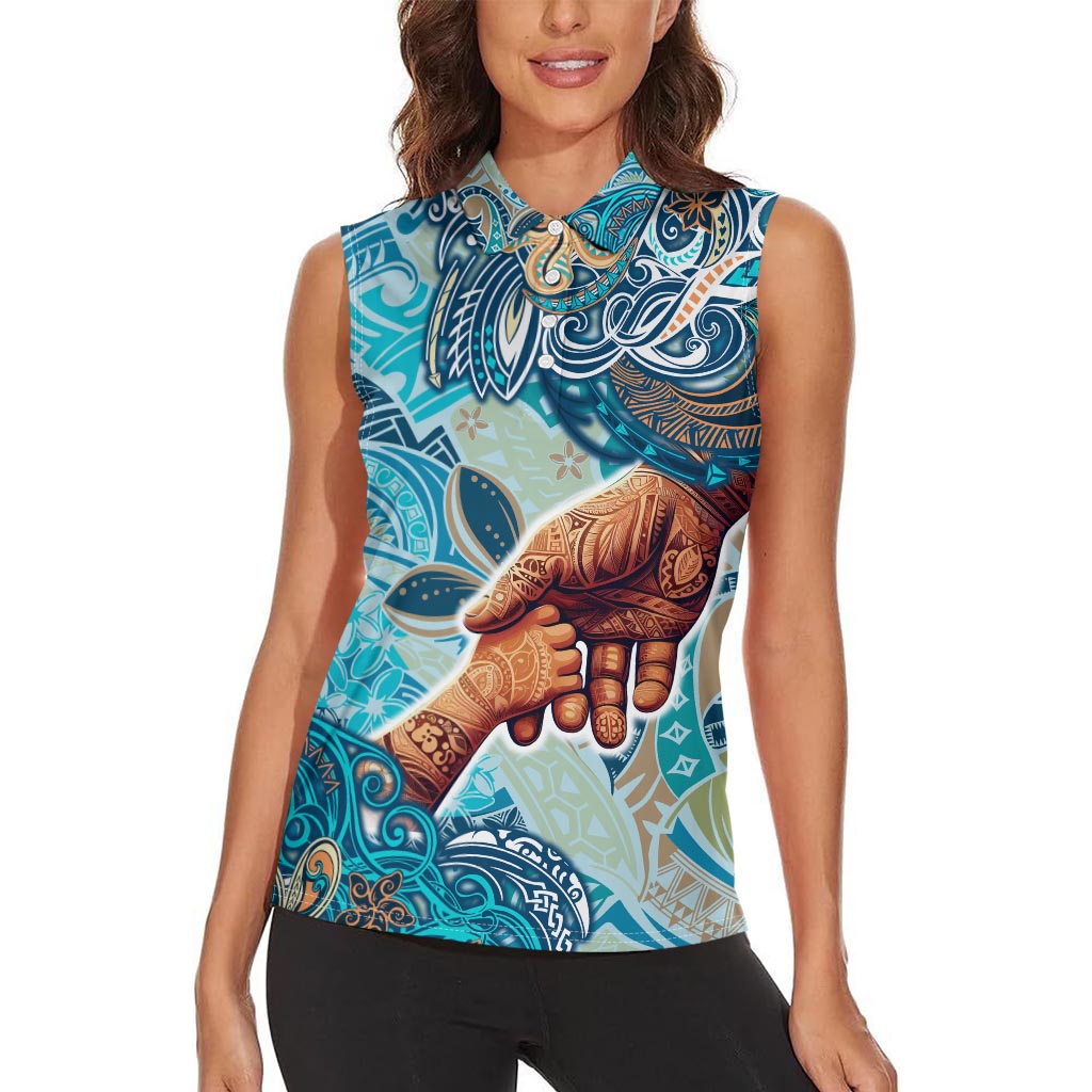 Hand In Hand Father's Day Polynesian Women Sleeveless Polo Shirt Tribal Flower Pattern