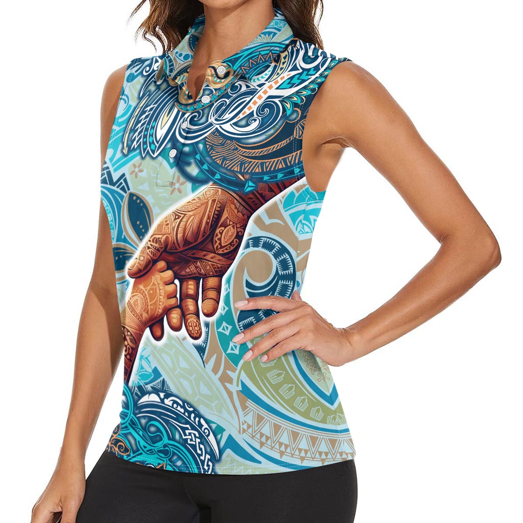 Hand In Hand Father's Day Polynesian Women Sleeveless Polo Shirt Tribal Flower Pattern