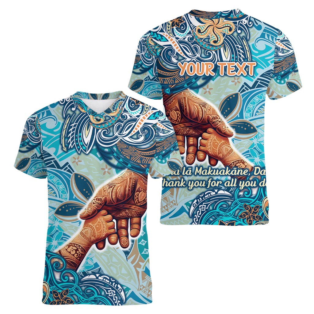 Hand In Hand Father's Day Polynesian Women V-Neck T-Shirt Tribal Flower Pattern