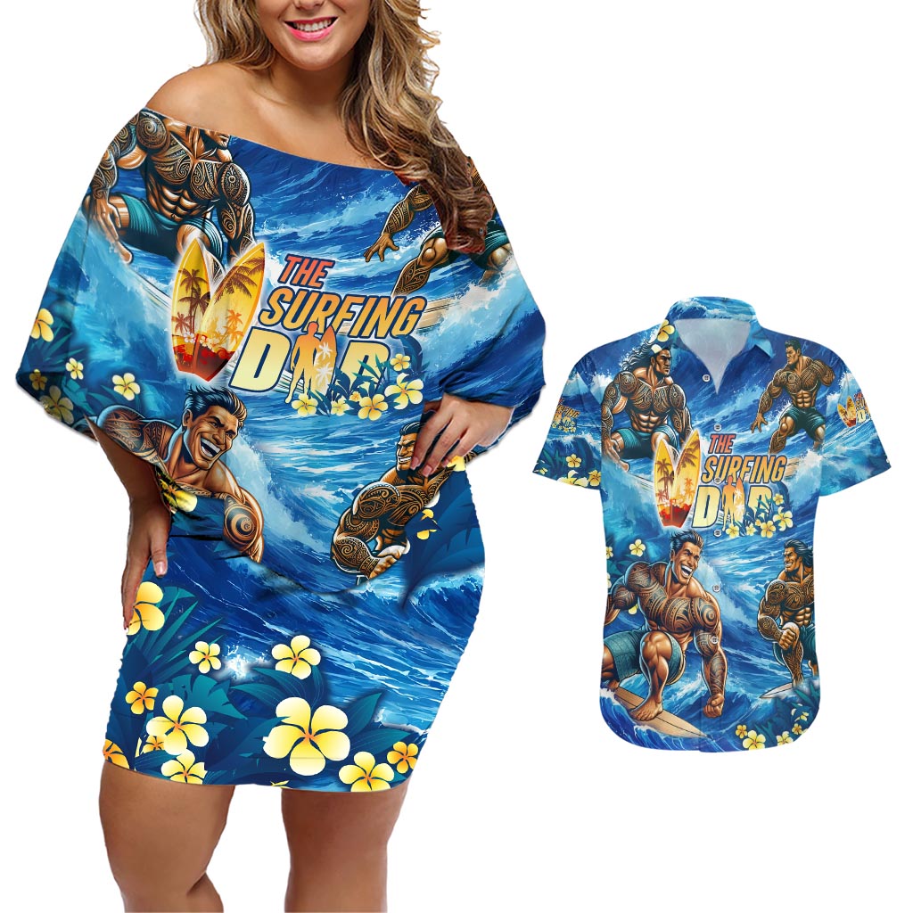 Hawaii Father's Day Couples Matching Off Shoulder Short Dress and Hawaiian Shirt The Surfing Dad Polynesian Tattoo