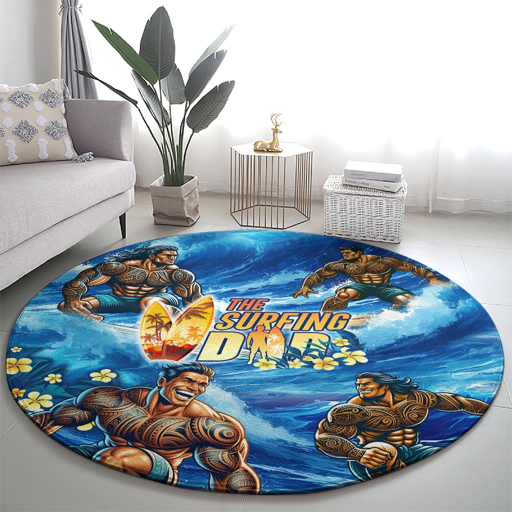 Hawaii Father's Day Round Carpet The Surfing Dad Polynesian Tattoo