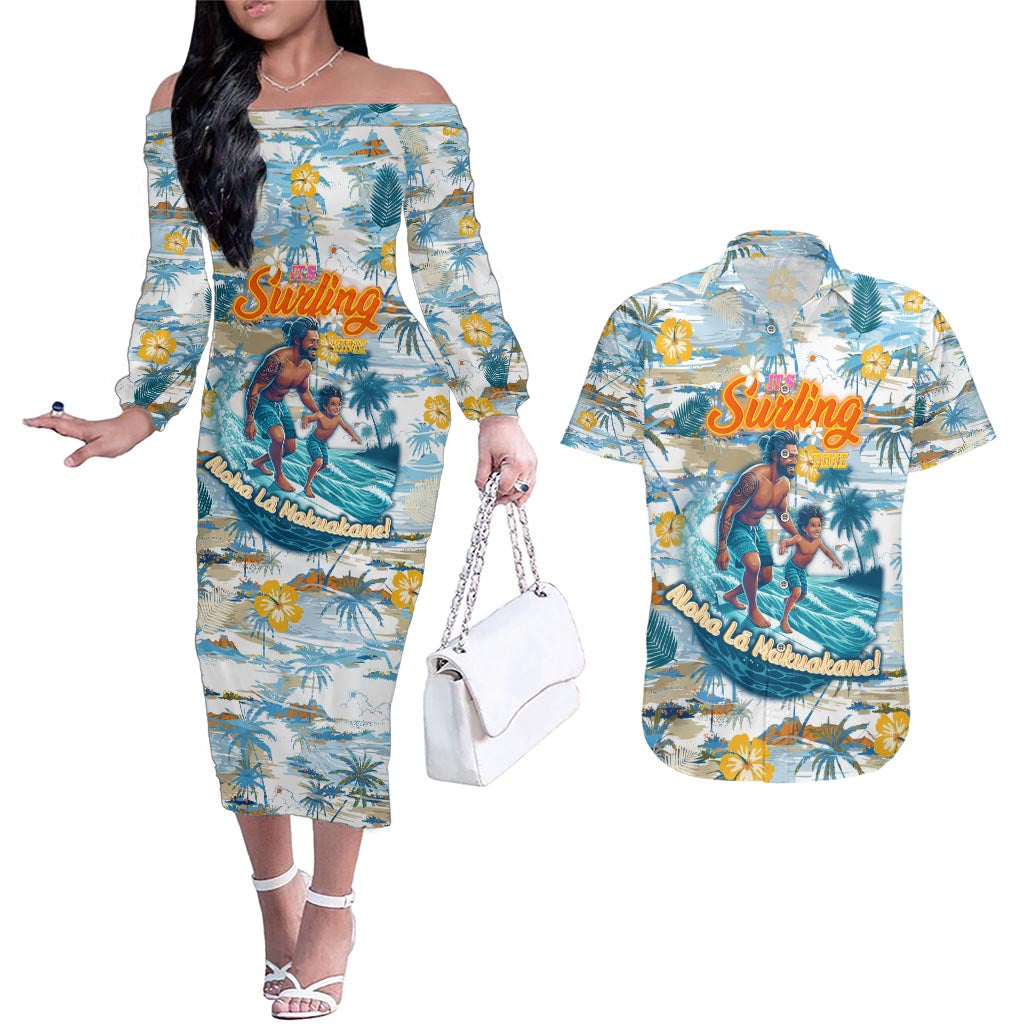 Hawaii Father's Day It's Surfing Time Couples Matching Off The Shoulder Long Sleeve Dress and Hawaiian Shirt Aloha Lā Makuakane