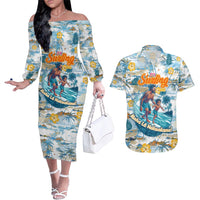 Hawaii Father's Day It's Surfing Time Couples Matching Off The Shoulder Long Sleeve Dress and Hawaiian Shirt Aloha Lā Makuakane
