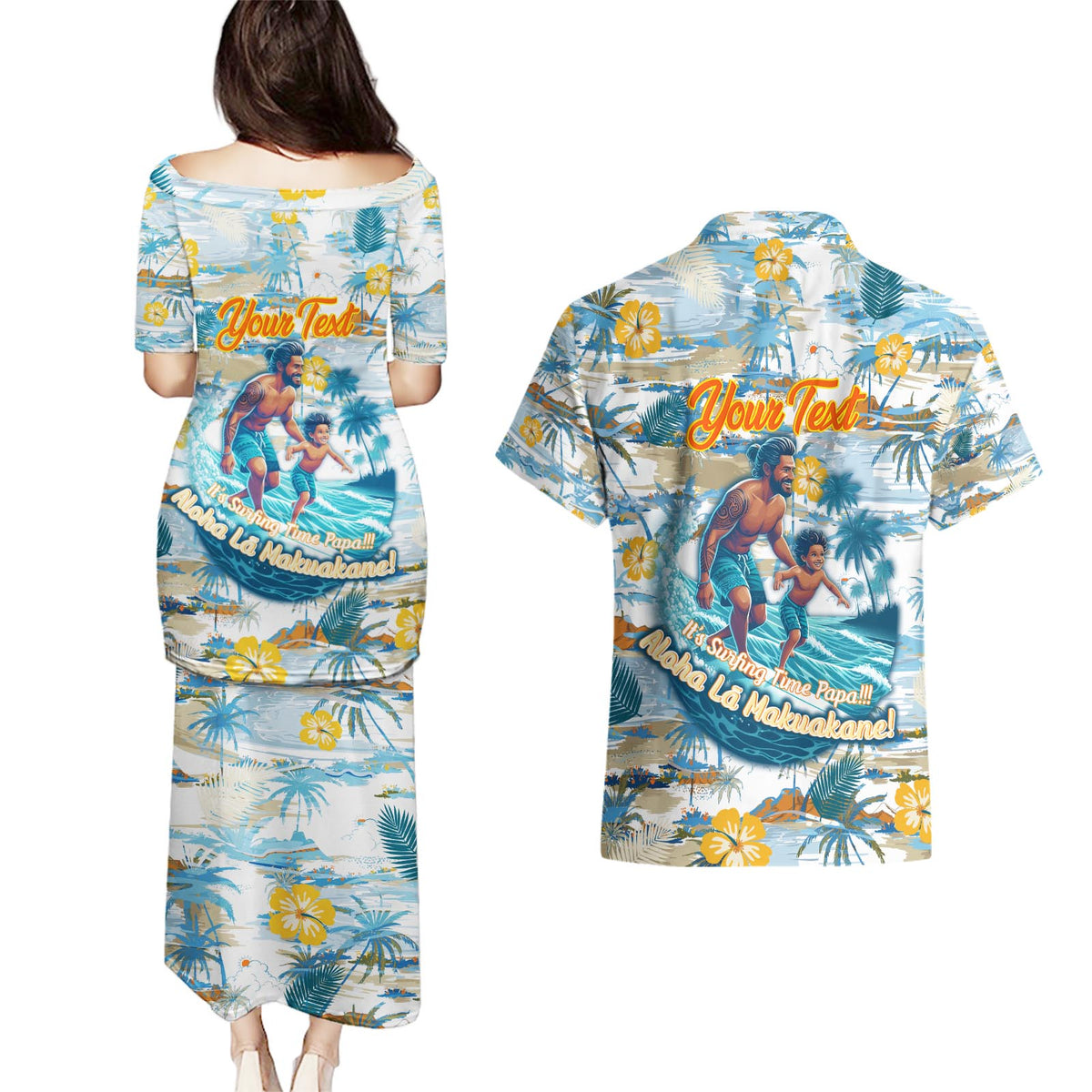 Hawaii Father's Day It's Surfing Time Couples Matching Puletasi and Hawaiian Shirt Aloha Lā Makuakane