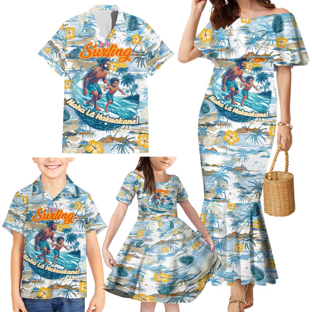 Hawaii Father's Day It's Surfing Time Family Matching Mermaid Dress and Hawaiian Shirt Aloha Lā Makuakane