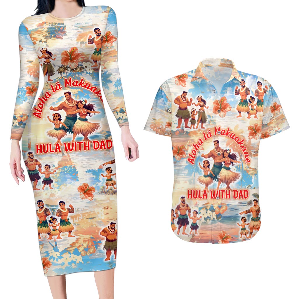Hawaii Father's Day Couples Matching Long Sleeve Bodycon Dress and Hawaiian Shirt Hula With Dad