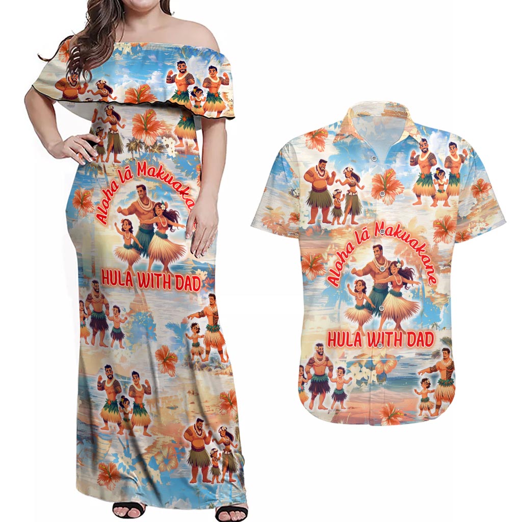 Hawaii Father's Day Couples Matching Off Shoulder Maxi Dress and Hawaiian Shirt Hula With Dad