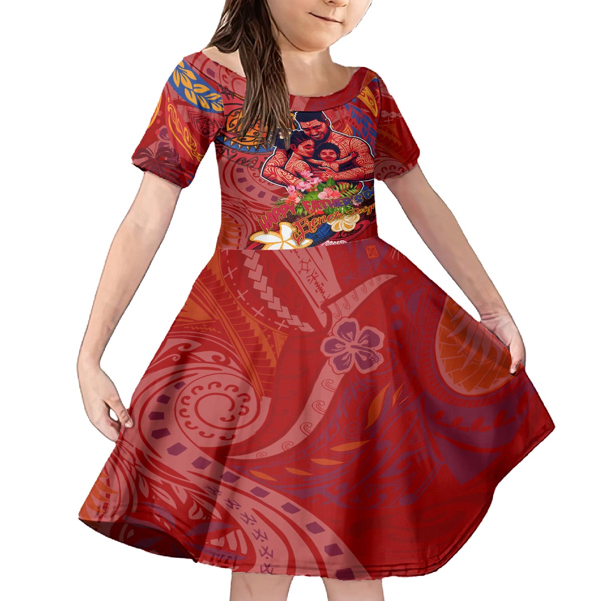 Happy Father's Day French Polynesia Family Matching Puletasi and Hawaiian Shirt Family Turtle Hibiscus DT02 Daughter's Dress Red - Polynesian Pride
