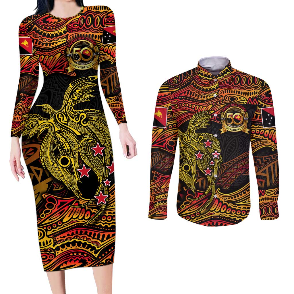 Papua New Guinea 50th Independence Day Couples Matching Long Sleeve Bodycon Dress and Long Sleeve Button Shirt Culture Spirit and Sovereignty