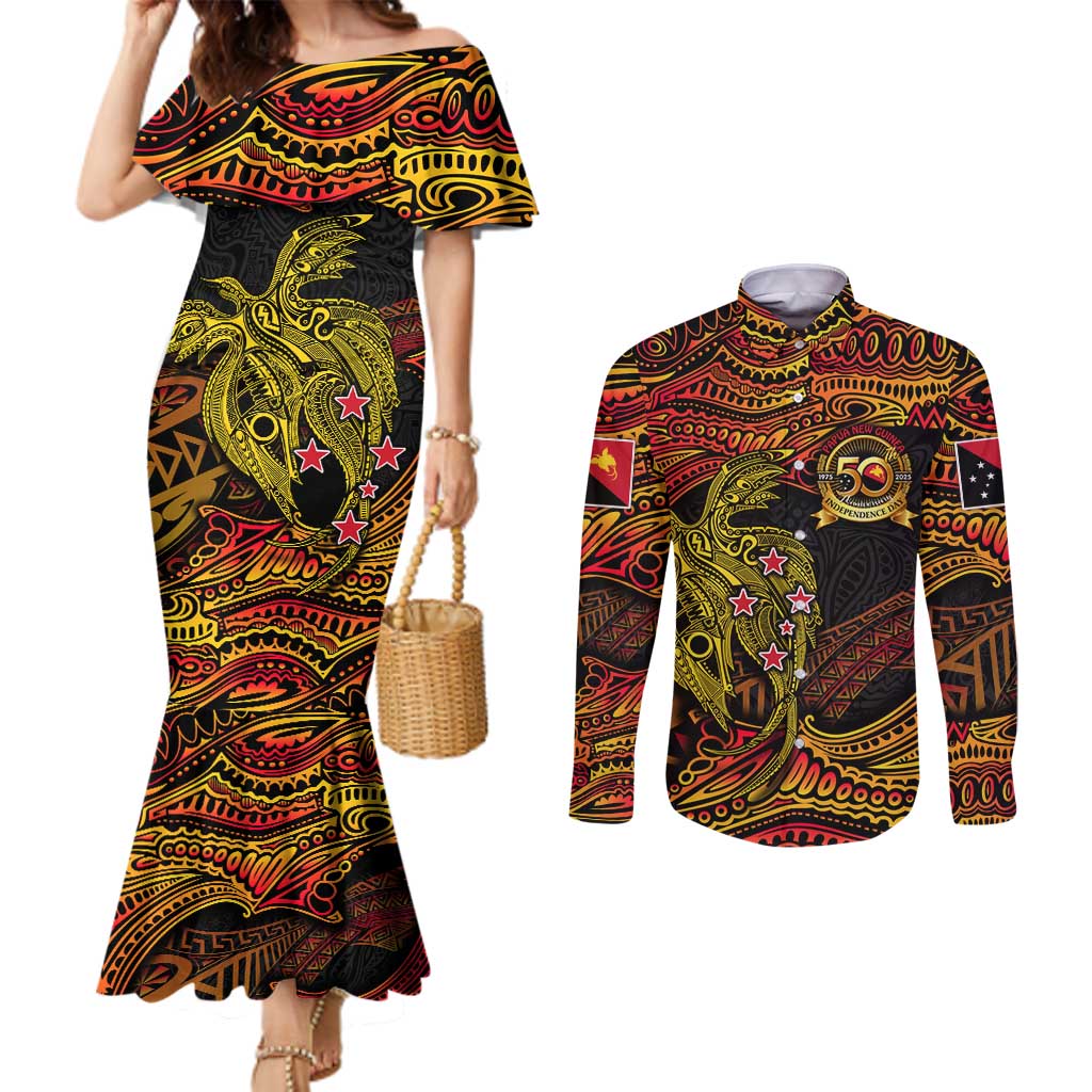 Papua New Guinea 50th Independence Day Couples Matching Mermaid Dress and Long Sleeve Button Shirt Culture Spirit and Sovereignty
