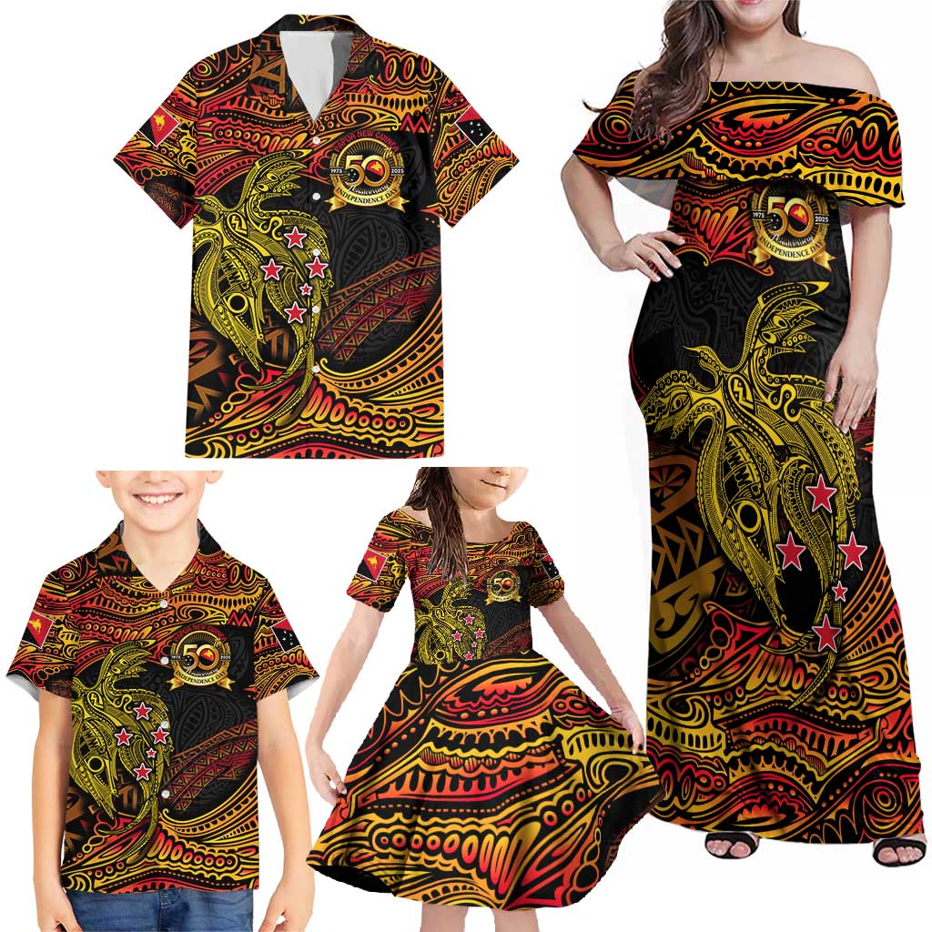 Papua New Guinea 50th Independence Day Family Matching Off Shoulder Maxi Dress and Hawaiian Shirt Culture Spirit and Sovereignty
