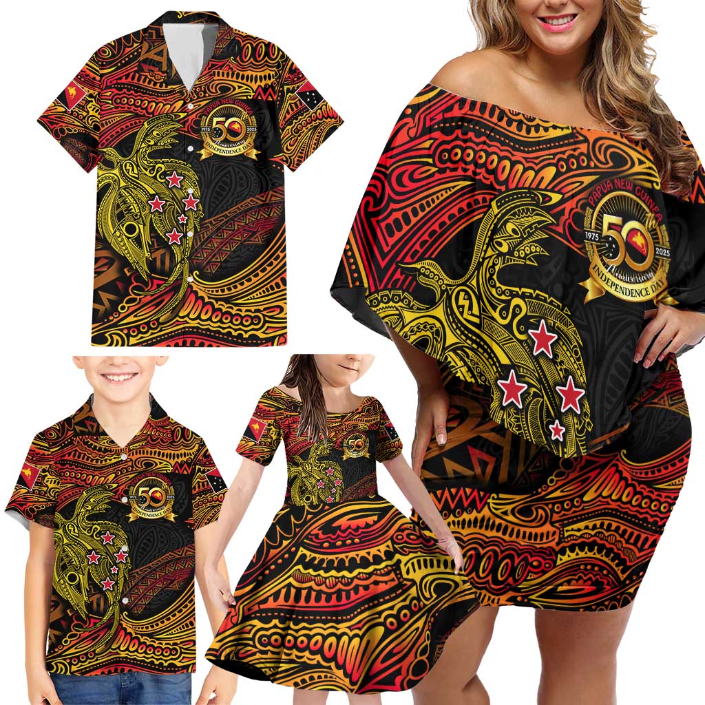 Papua New Guinea 50th Independence Day Family Matching Off Shoulder Short Dress and Hawaiian Shirt Culture Spirit and Sovereignty