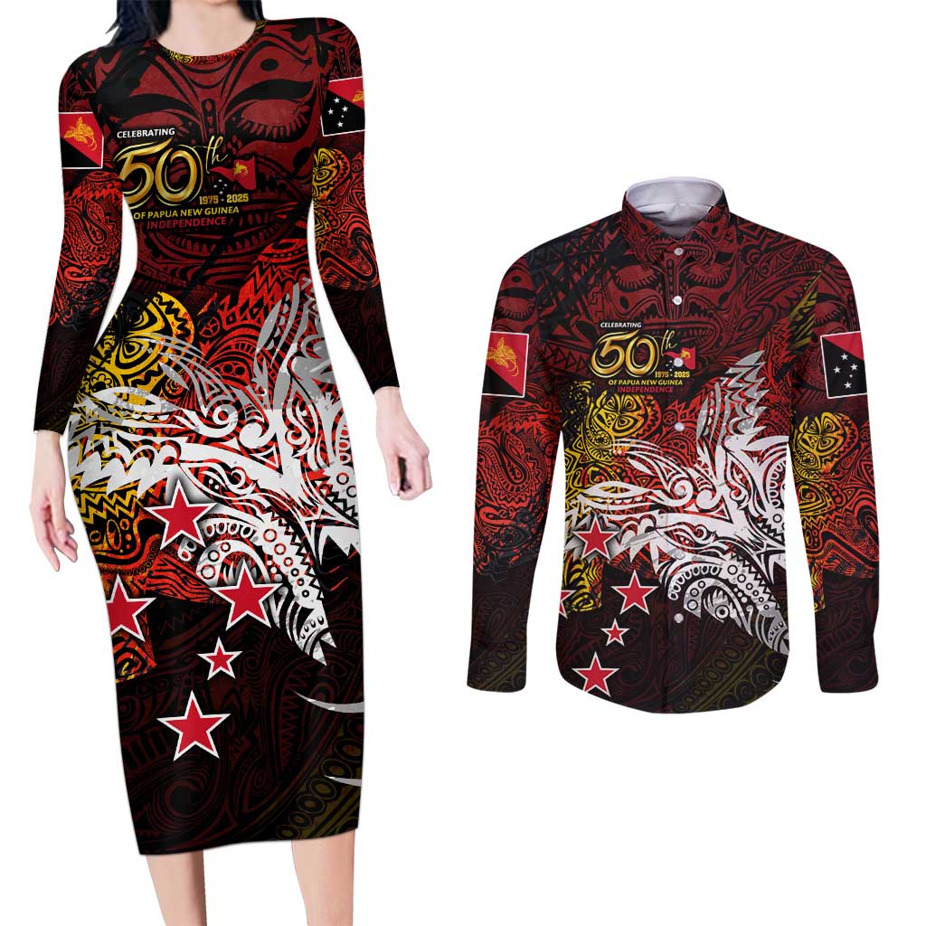 PNG 1975 - 2025 Couples Matching Long Sleeve Bodycon Dress and Long Sleeve Button Shirt Papua New Guinea 50th Independence Anniversary