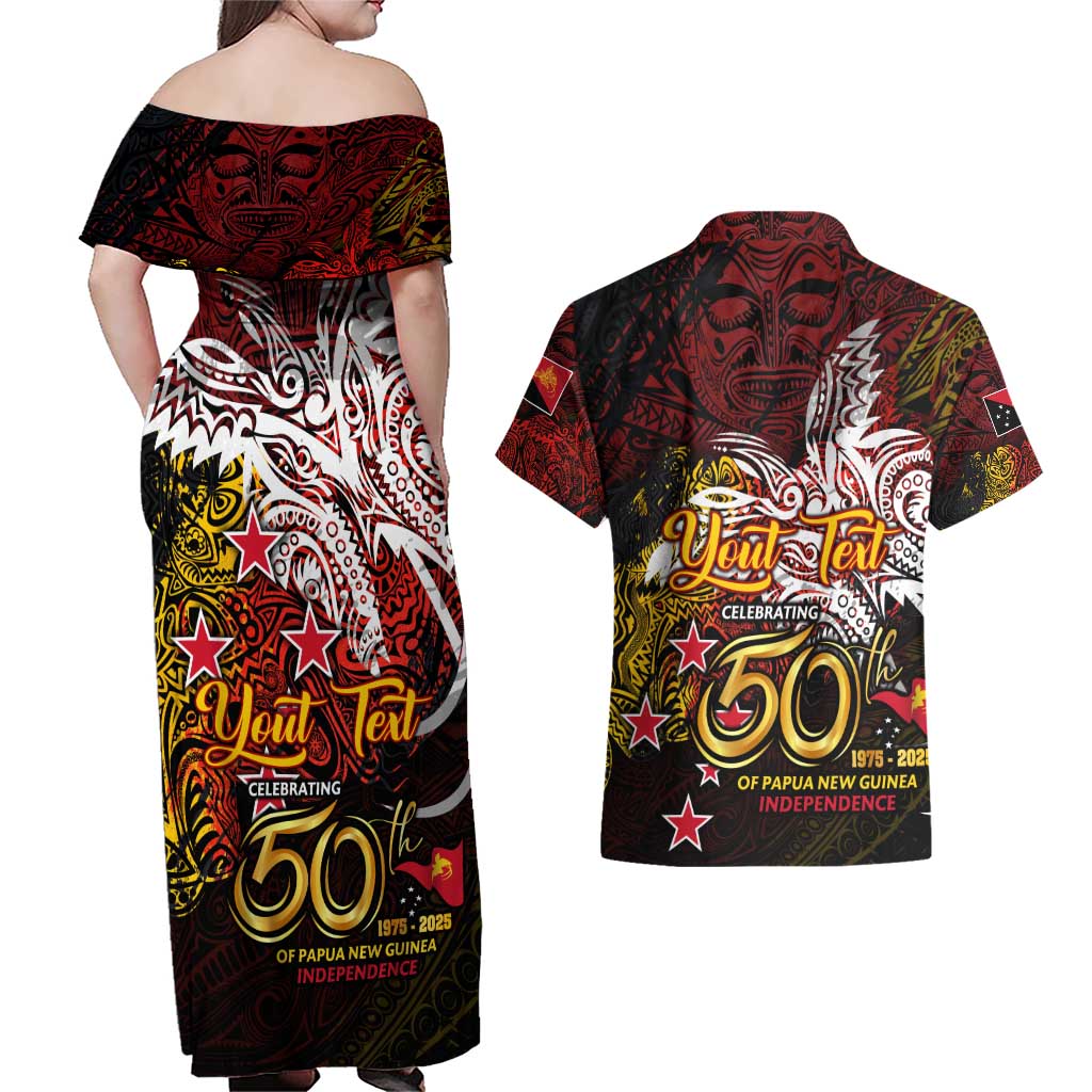 PNG 1975 - 2025 Couples Matching Off Shoulder Maxi Dress and Hawaiian Shirt Papua New Guinea 50th Independence Anniversary