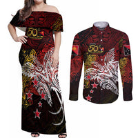 PNG 1975 - 2025 Couples Matching Off Shoulder Maxi Dress and Long Sleeve Button Shirt Papua New Guinea 50th Independence Anniversary