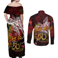 PNG 1975 - 2025 Couples Matching Off Shoulder Maxi Dress and Long Sleeve Button Shirt Papua New Guinea 50th Independence Anniversary