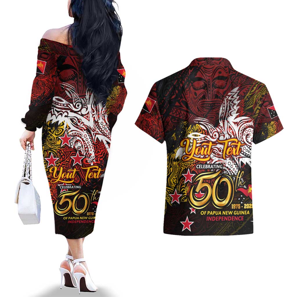 PNG 1975 - 2025 Couples Matching Off The Shoulder Long Sleeve Dress and Hawaiian Shirt Papua New Guinea 50th Independence Anniversary