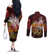 PNG 1975 - 2025 Couples Matching Off The Shoulder Long Sleeve Dress and Long Sleeve Button Shirt Papua New Guinea 50th Independence Anniversary