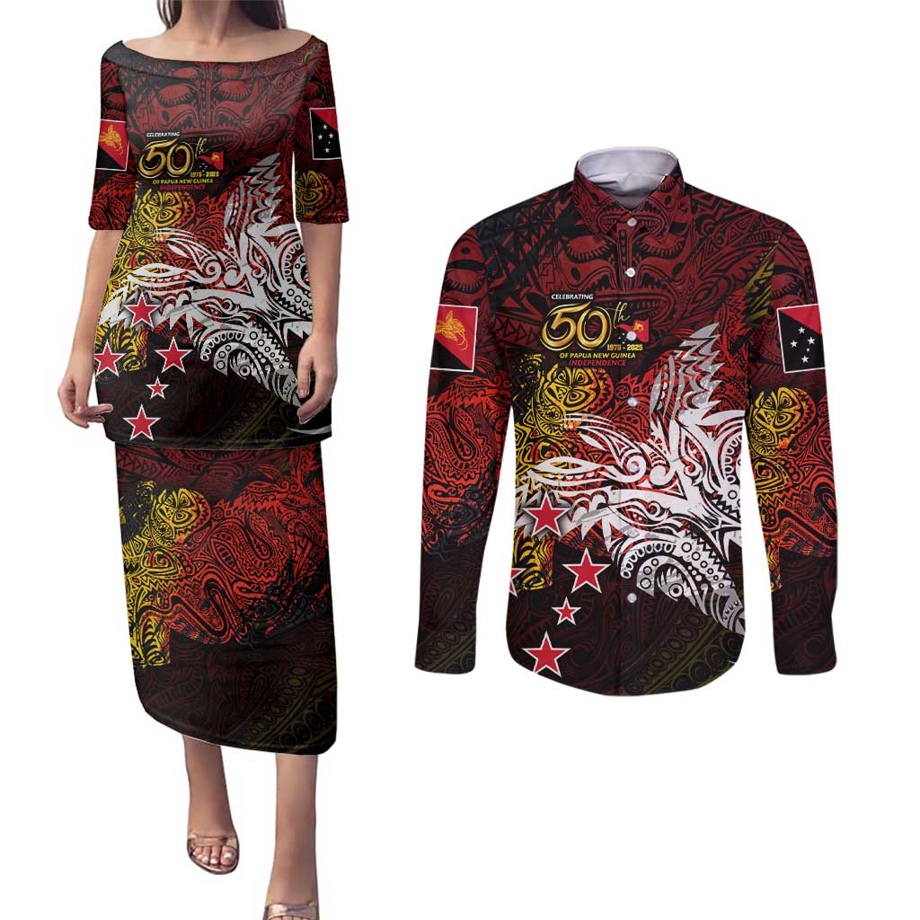 PNG 1975 - 2025 Couples Matching Puletasi and Long Sleeve Button Shirt Papua New Guinea 50th Independence Anniversary
