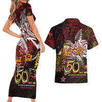 PNG 1975 - 2025 Couples Matching Short Sleeve Bodycon Dress and Hawaiian Shirt Papua New Guinea 50th Independence Anniversary