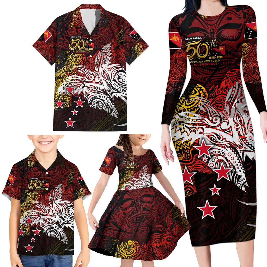 PNG 1975 - 2025 Family Matching Long Sleeve Bodycon Dress and Hawaiian Shirt Papua New Guinea 50th Independence Anniversary