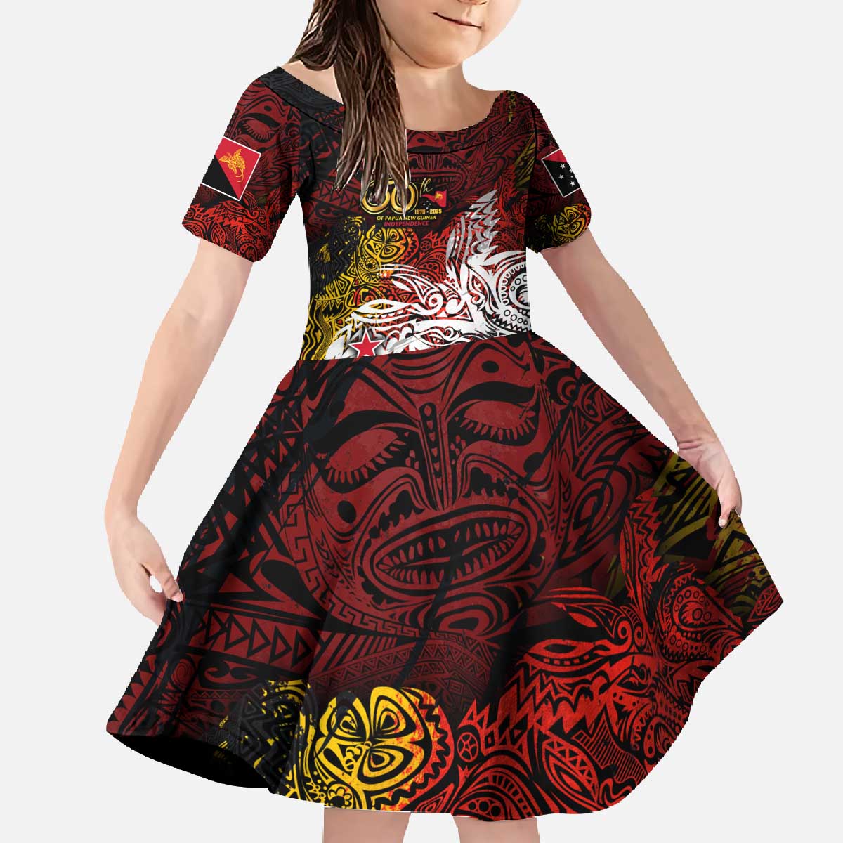 PNG 1975 - 2025 Family Matching Off The Shoulder Long Sleeve Dress and Hawaiian Shirt Papua New Guinea 50th Independence Anniversary