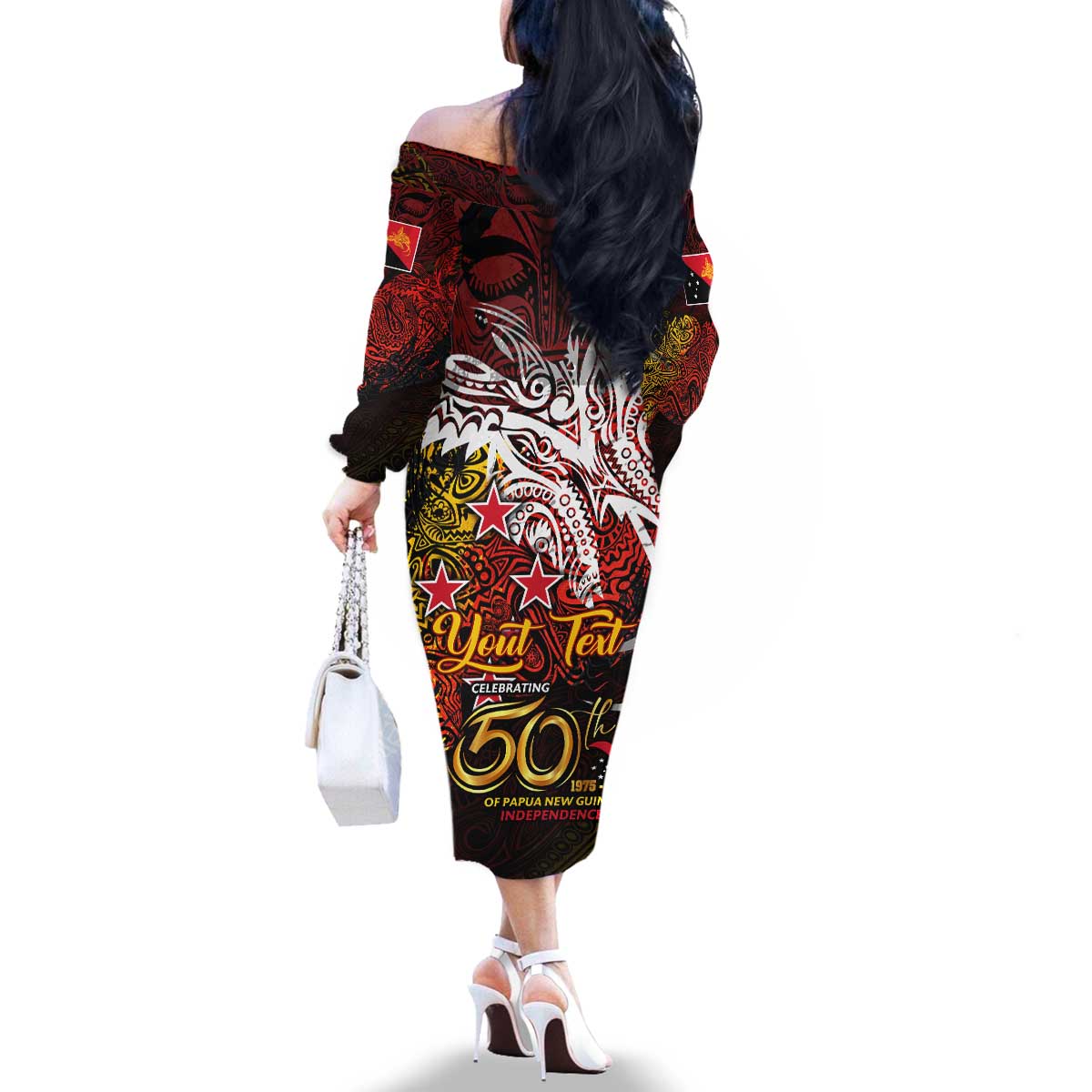 PNG 1975 - 2025 Family Matching Off The Shoulder Long Sleeve Dress and Hawaiian Shirt Papua New Guinea 50th Independence Anniversary