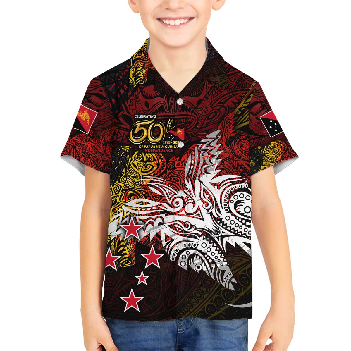 PNG 1975 - 2025 Family Matching Off The Shoulder Long Sleeve Dress and Hawaiian Shirt Papua New Guinea 50th Independence Anniversary