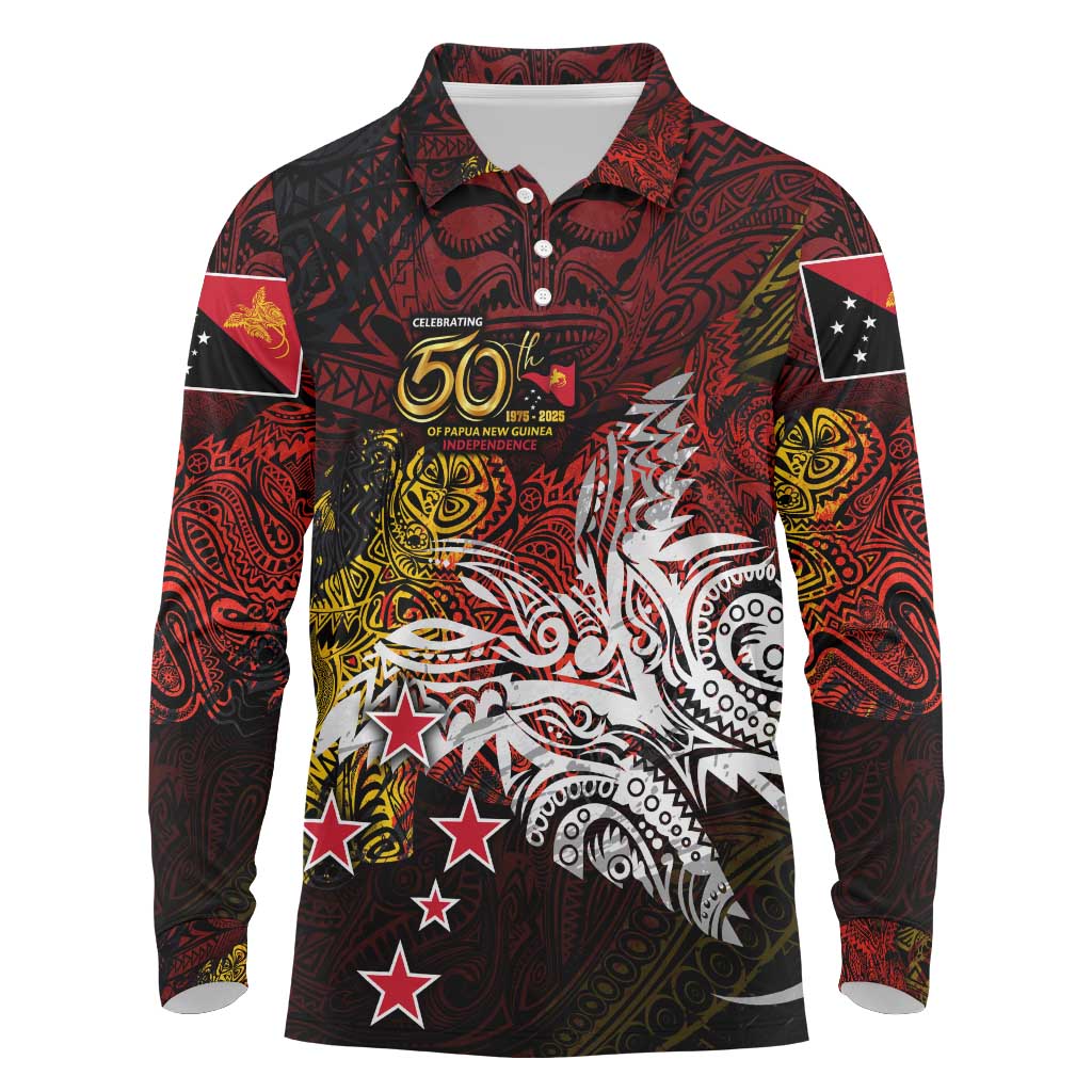 PNG 1975 - 2025 Long Sleeve Polo Shirt Papua New Guinea 50th Independence Anniversary