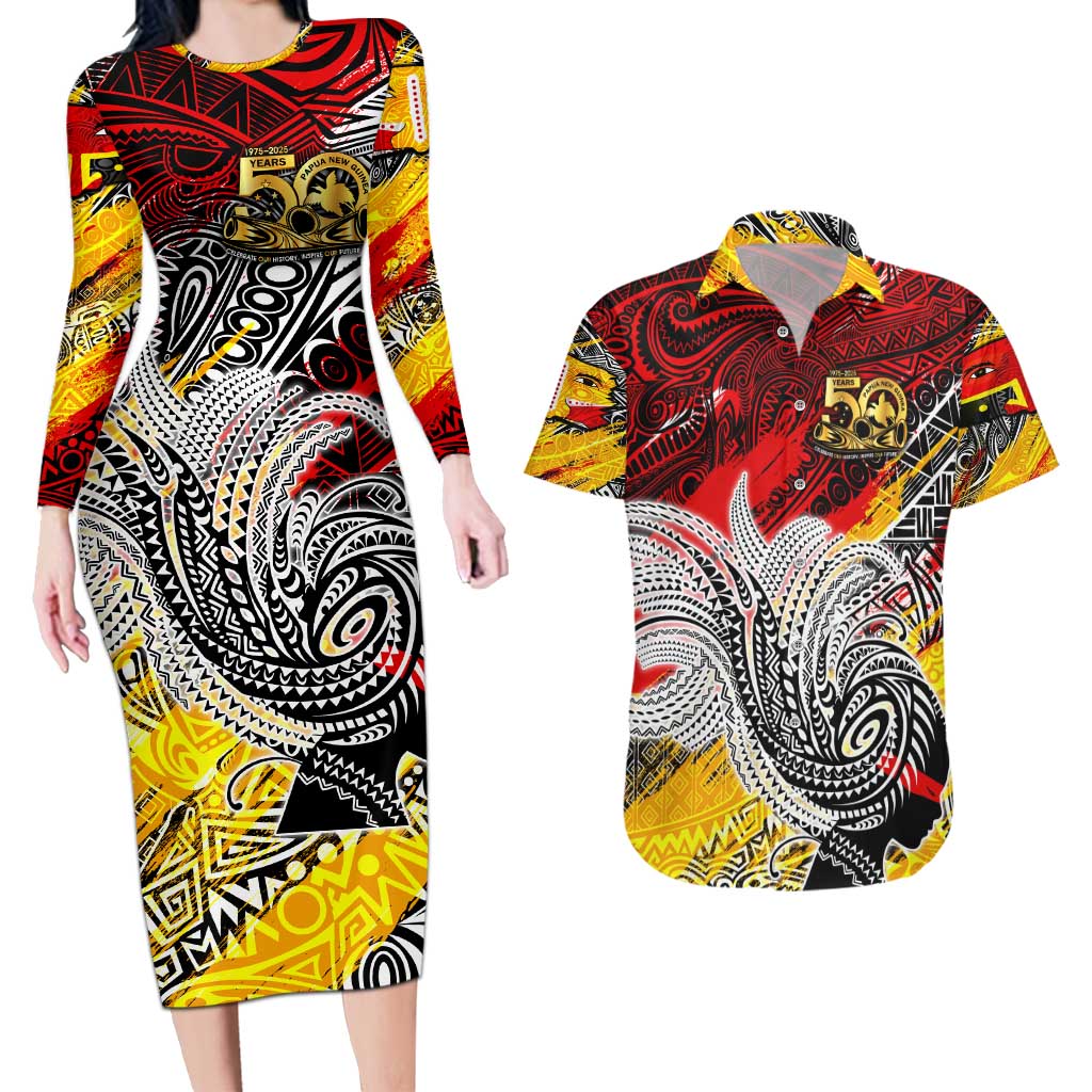 Papua New Guinea 50th Independence Day Couples Matching Long Sleeve Bodycon Dress and Hawaiian Shirt Celebrate Our History, Inspire Our Future