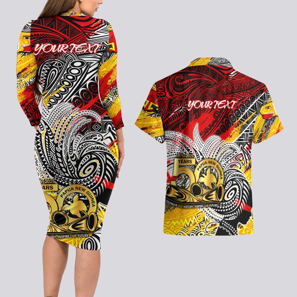 Papua New Guinea 50th Independence Day Couples Matching Long Sleeve Bodycon Dress and Hawaiian Shirt Celebrate Our History, Inspire Our Future
