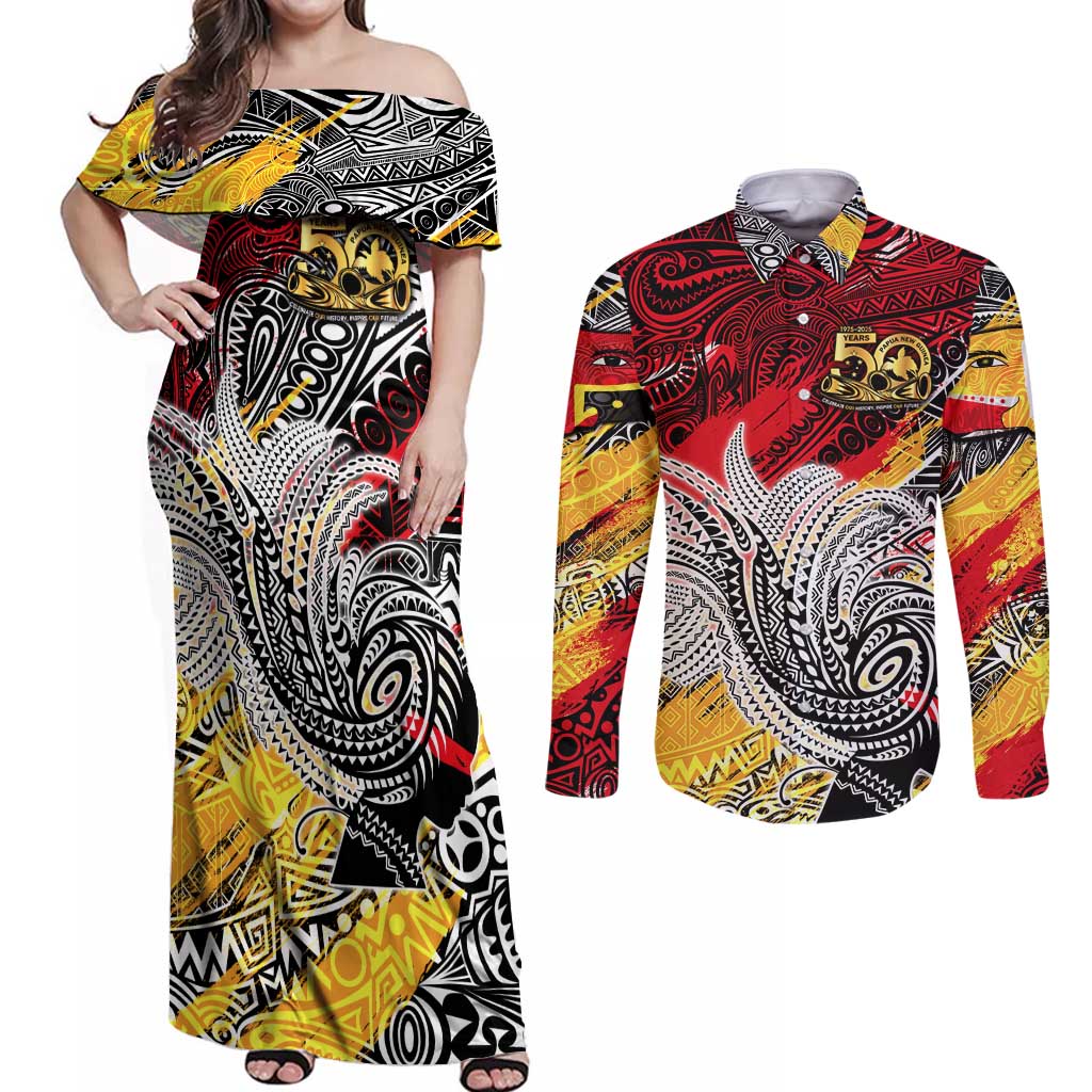 Papua New Guinea 50th Independence Day Couples Matching Off Shoulder Maxi Dress and Long Sleeve Button Shirt Celebrate Our History, Inspire Our Future