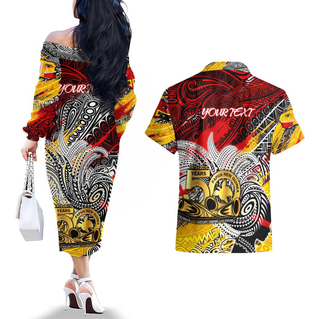Papua New Guinea 50th Independence Day Couples Matching Off The Shoulder Long Sleeve Dress and Hawaiian Shirt Celebrate Our History, Inspire Our Future