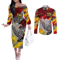 Papua New Guinea 50th Independence Day Couples Matching Off The Shoulder Long Sleeve Dress and Long Sleeve Button Shirt Celebrate Our History, Inspire Our Future