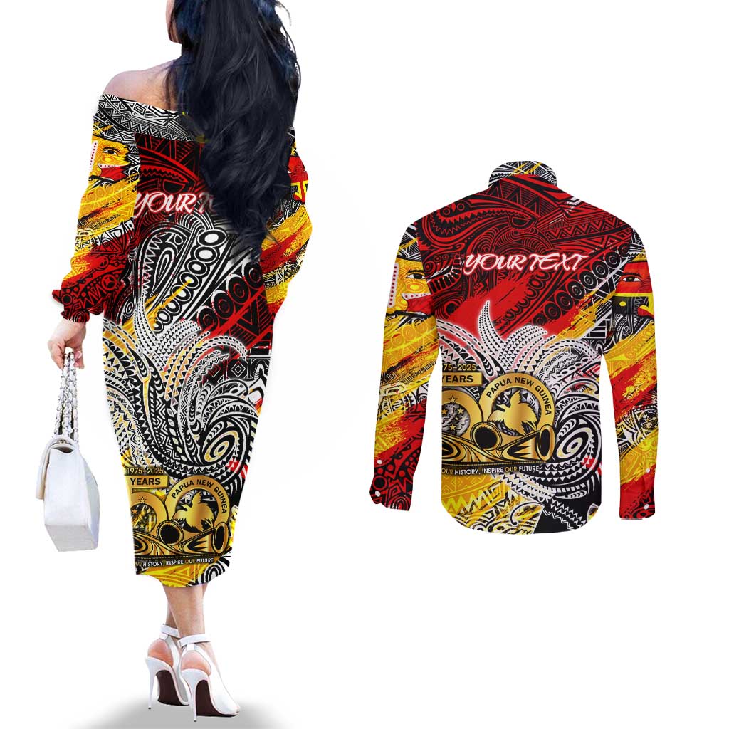 Papua New Guinea 50th Independence Day Couples Matching Off The Shoulder Long Sleeve Dress and Long Sleeve Button Shirt Celebrate Our History, Inspire Our Future
