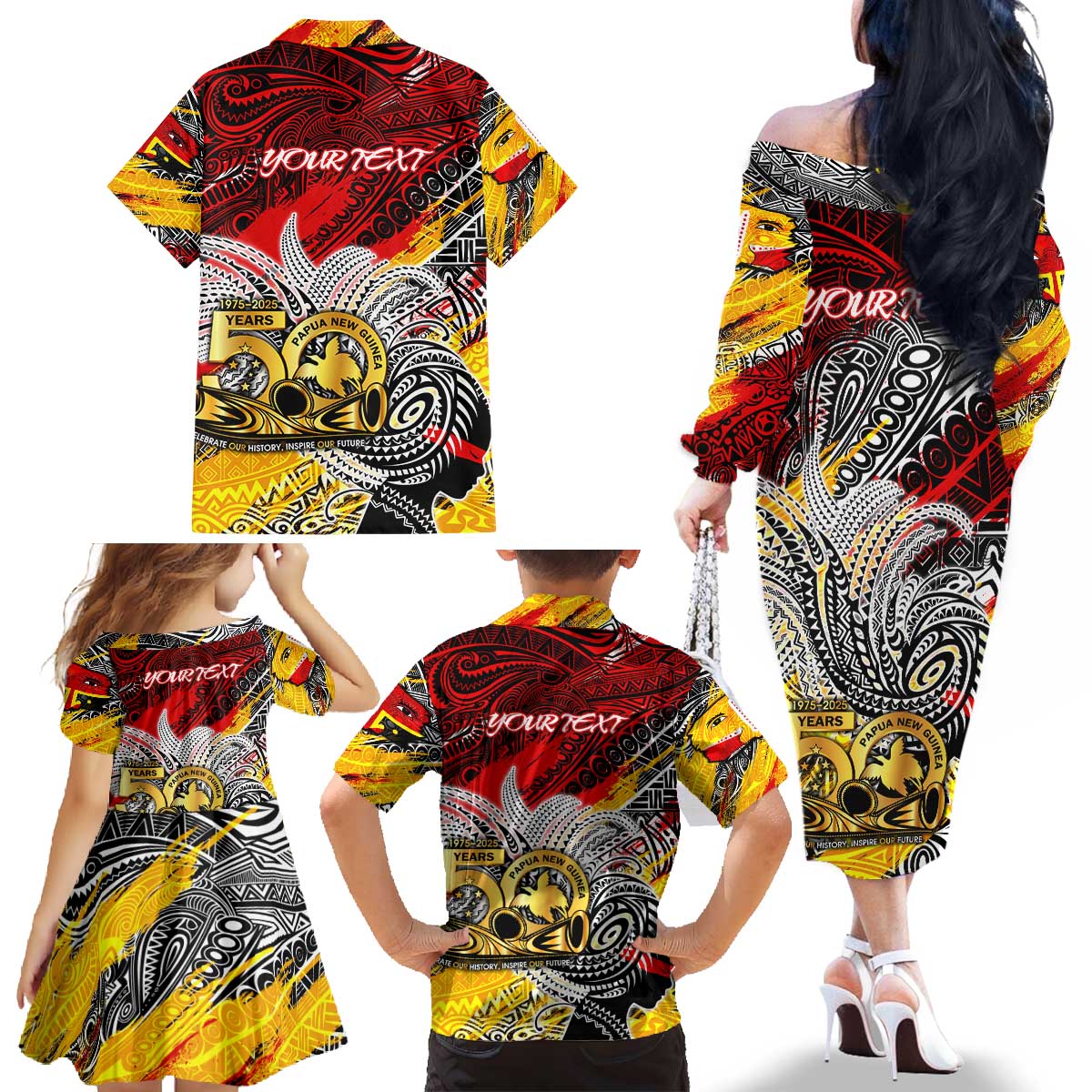 Papua New Guinea 50th Independence Day Family Matching Off The Shoulder Long Sleeve Dress and Hawaiian Shirt Celebrate Our History, Inspire Our Future