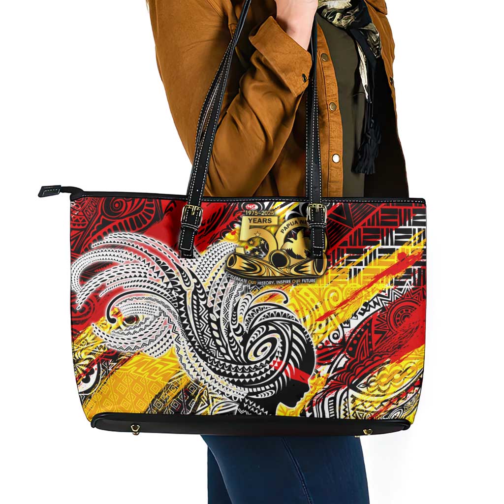 Papua New Guinea 50th Independence Day Leather Tote Bag Celebrate Our History, Inspire Our Future