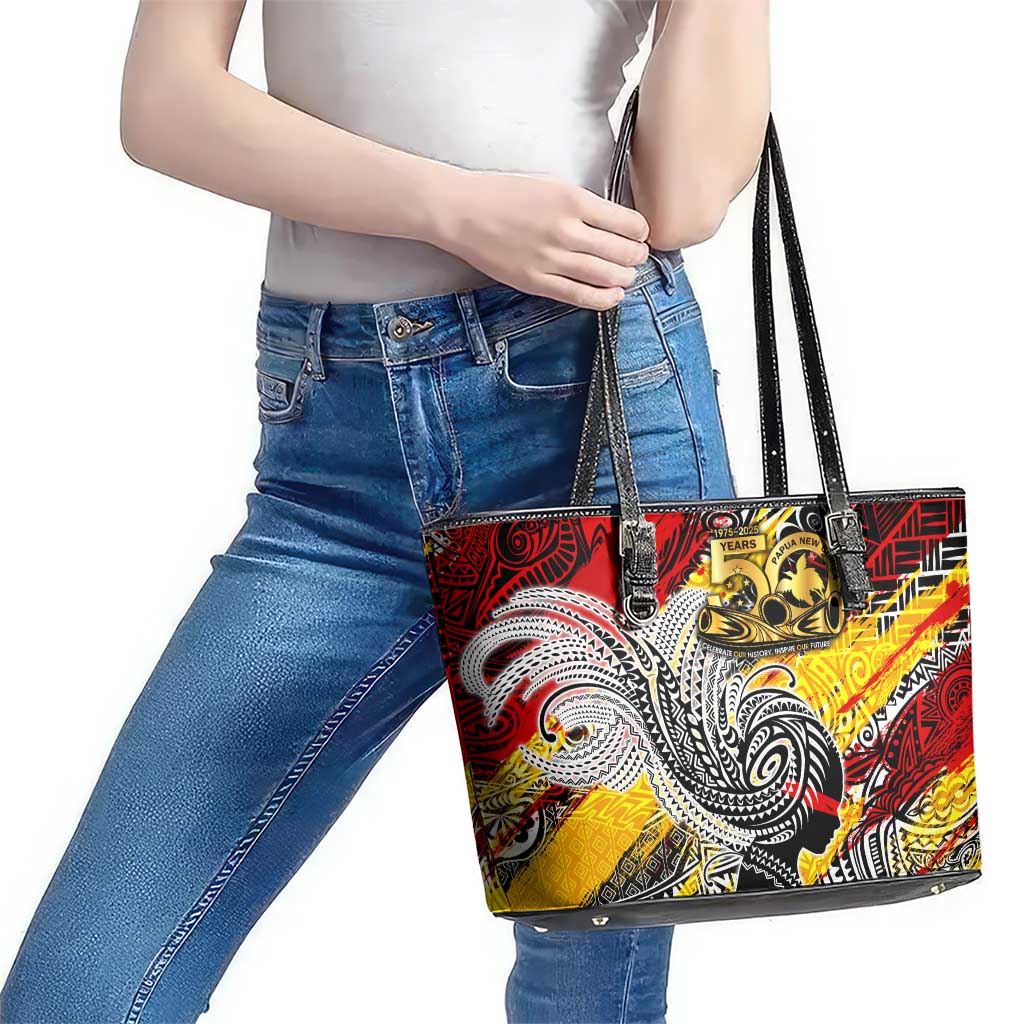 Papua New Guinea 50th Independence Day Leather Tote Bag Celebrate Our History, Inspire Our Future
