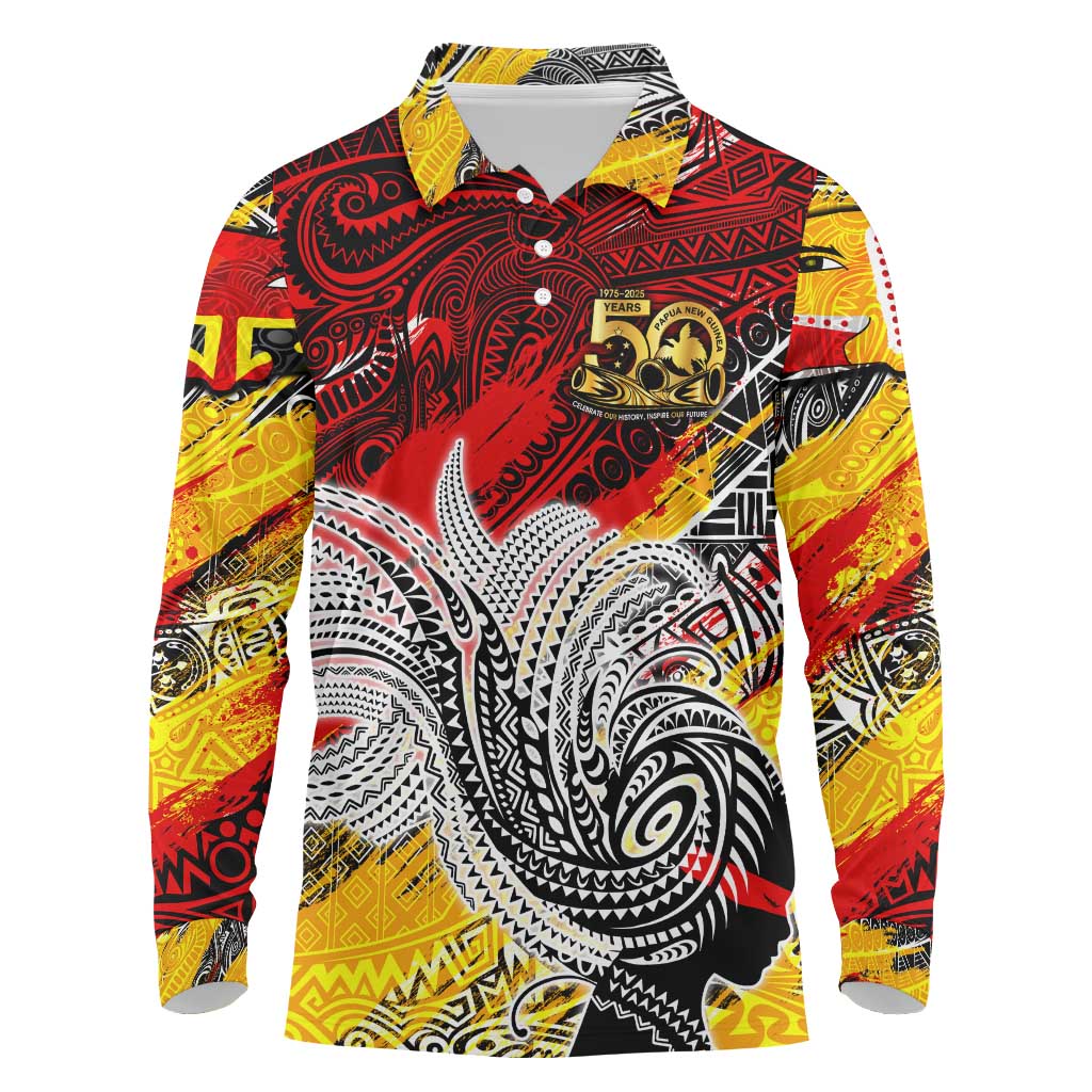 Papua New Guinea 50th Independence Day Long Sleeve Polo Shirt Celebrate Our History, Inspire Our Future