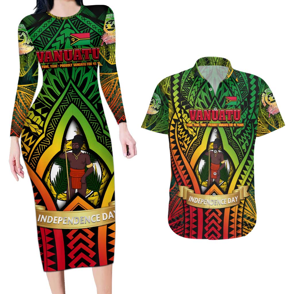 Vanuatu 45th Independence Anniversary Couples Matching Long Sleeve Bodycon Dress and Hawaiian Shirt Embracing Our Traditions Shaping Our Future