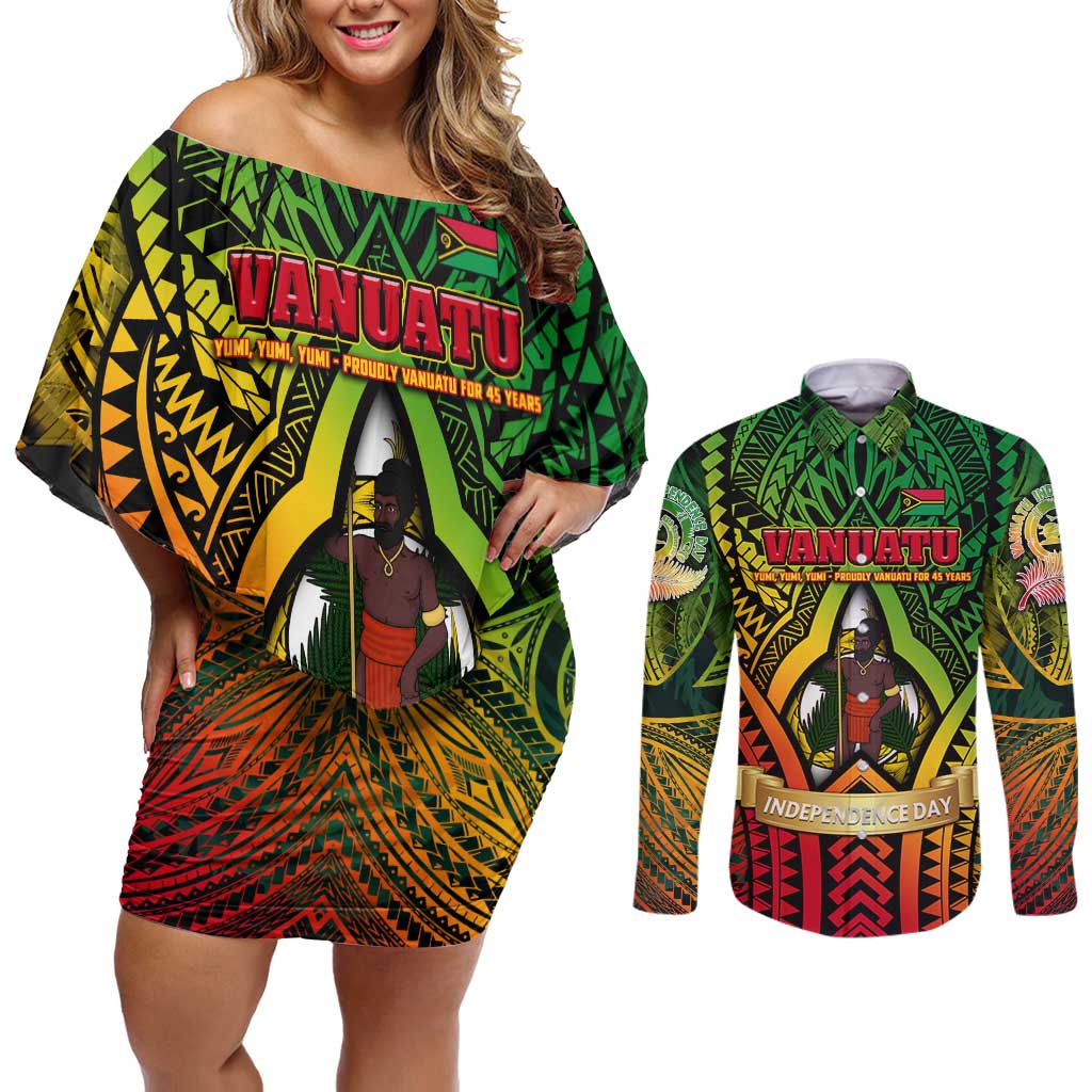 Vanuatu 45th Independence Anniversary Couples Matching Off Shoulder Short Dress and Long Sleeve Button Shirt Embracing Our Traditions Shaping Our Future